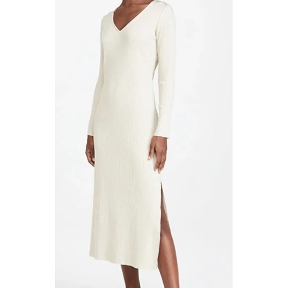 AYR The Babe Ribbed Maxi Dress V Neck Knit Beige Slit Hem Long Sleeve Women's‎ S